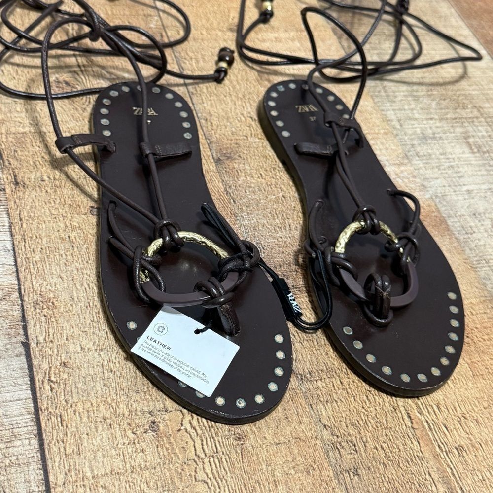 ZARA FLAT LEATHER SANDALS WITH DECORATIVE DETAIL - Picture 8 of 14